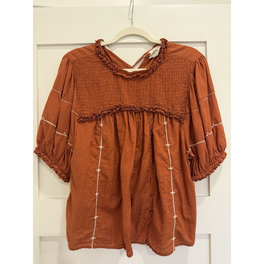 Bohme Smocked Boho Blouse Rust Brown Embroidered Puff Sleeve Top Size L